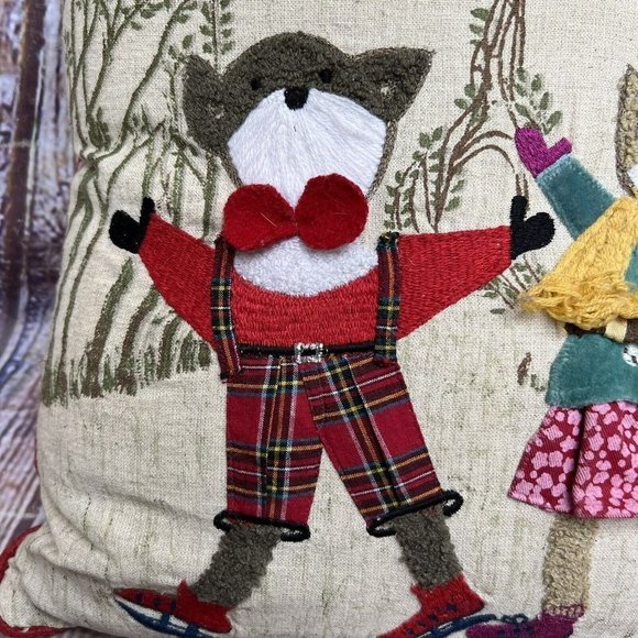 Throw Pillow Foxes Embroidered Trees Ice Skating Winter Holiday Forest Whimsy - Picture 6 of 6